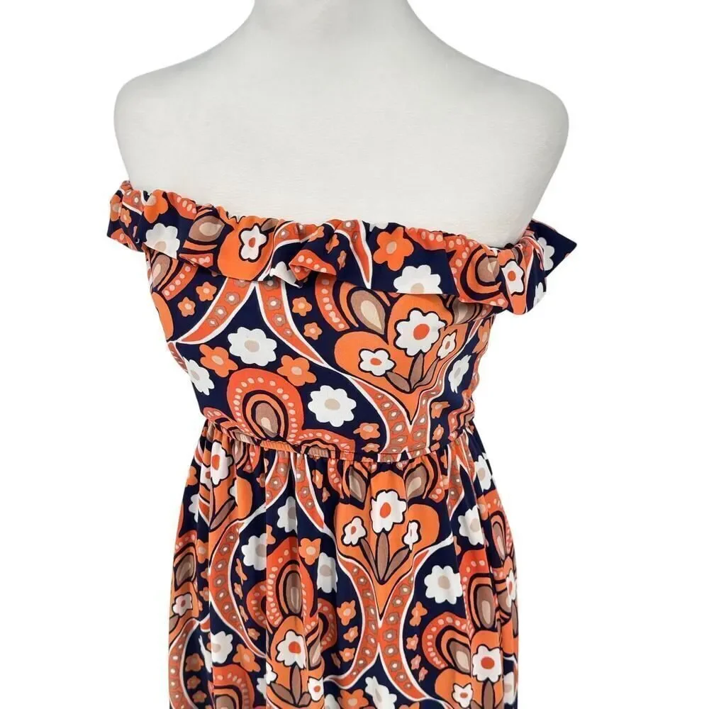 Judith March Boho Off-Shoulder Mini Dress Small Retro Floral Orange Navy Ruffle